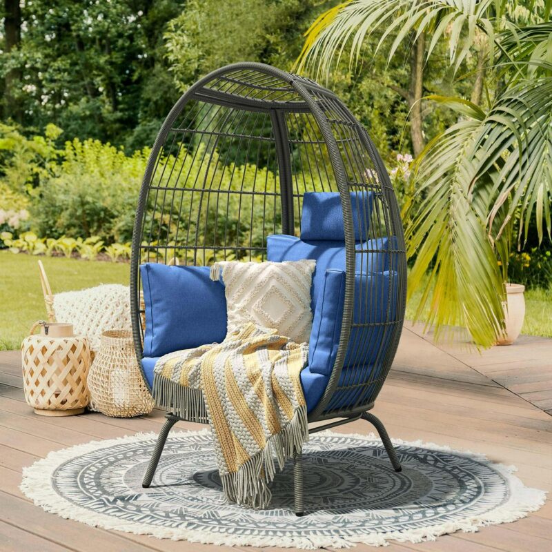 Dextrus Outdoor Egg Chair, 440lbs Capacity Wicker Patio Basket Chair, All-Weather Oversized Stationary Egg Lounger Chair - Blue - Image 5