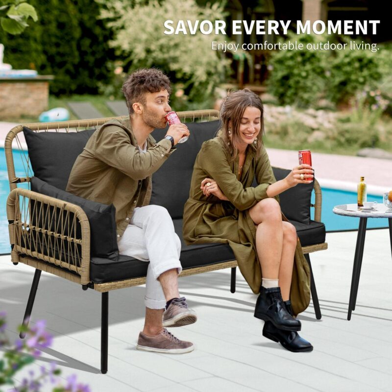 Dextrus Patio Furniture Wicker Outdoor Loveseat, All-Weather Rattan Conversation for Backyard, Balcony and Deck with Soft Cushions (Light Brown+Black) - Image 4