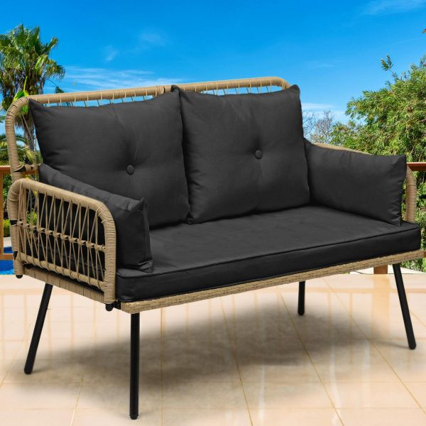 Dextrus Patio Furniture Wicker Outdoor Loveseat, All-Weather Rattan Conversation for Backyard, Balcony and Deck with Soft Cushions (Light Brown+Black)
