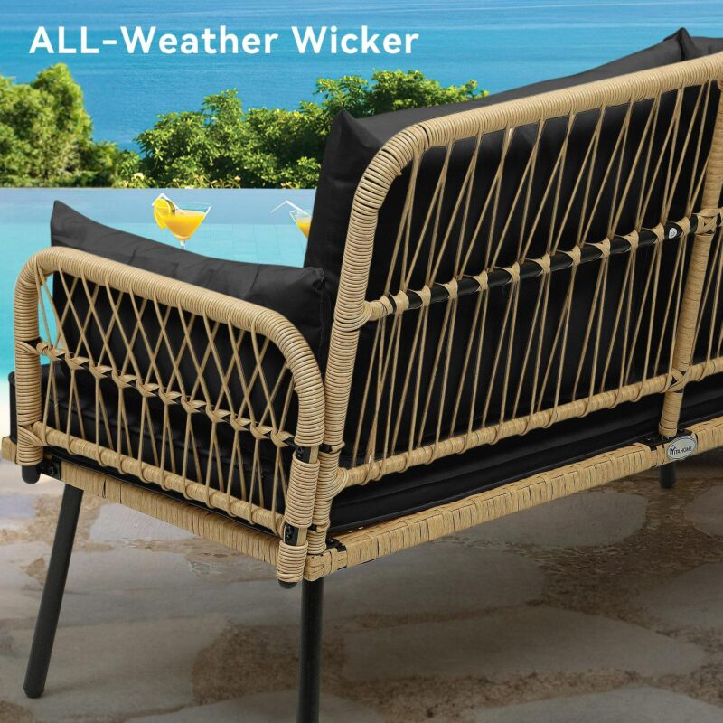 Dextrus Patio Furniture Wicker Outdoor Loveseat, All-Weather Rattan Conversation for Backyard, Balcony and Deck with Soft Cushions (Light Brown+Black) - Image 2