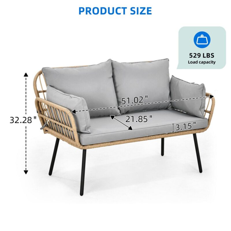 Dextrus Patio Furniture Wicker Outdoor Loveseat, All-Weather Rattan Conversation for Backyard, Balcony and Deck with Soft Cushions (Gray+Beige) - Image 5