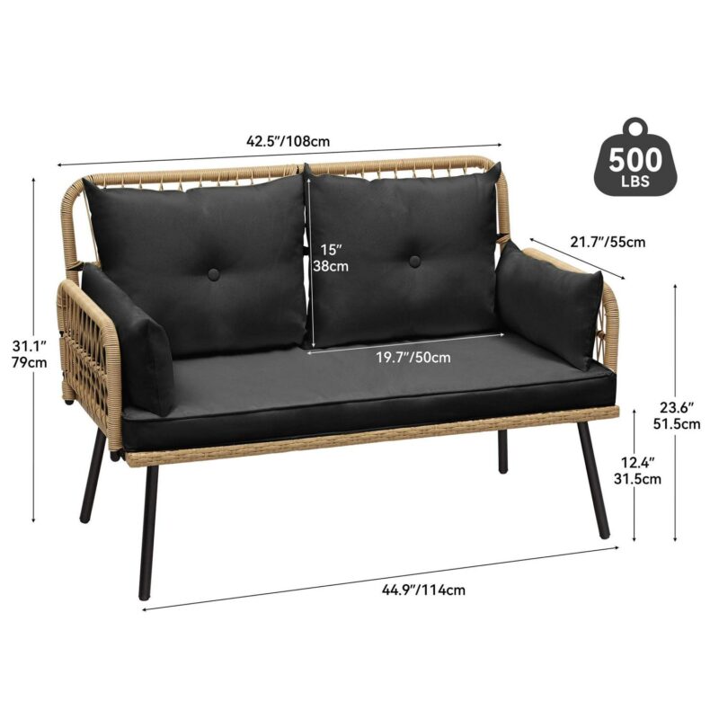 Dextrus Patio Furniture Wicker Outdoor Loveseat, All-Weather Rattan Conversation for Backyard, Balcony and Deck with Soft Cushions (Light Brown+Black) - Image 5