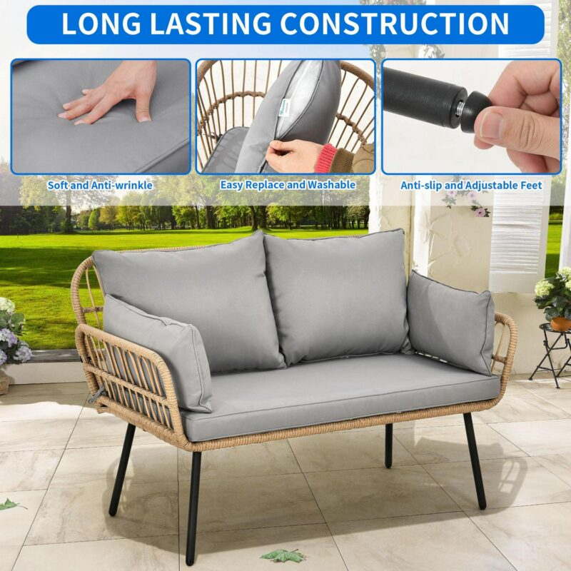 Dextrus Patio Furniture Wicker Outdoor Loveseat, All-Weather Rattan Conversation for Backyard, Balcony and Deck with Soft Cushions (Gray+Beige) - Image 3