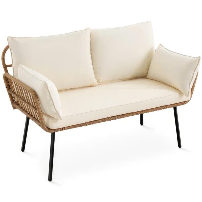 Dextrus Patio Sofa and Loveseat, Boho All-Weather Wicker Rattan Conversation Chairs with Cushions and Lumbar Pillows - Beige - Image 5