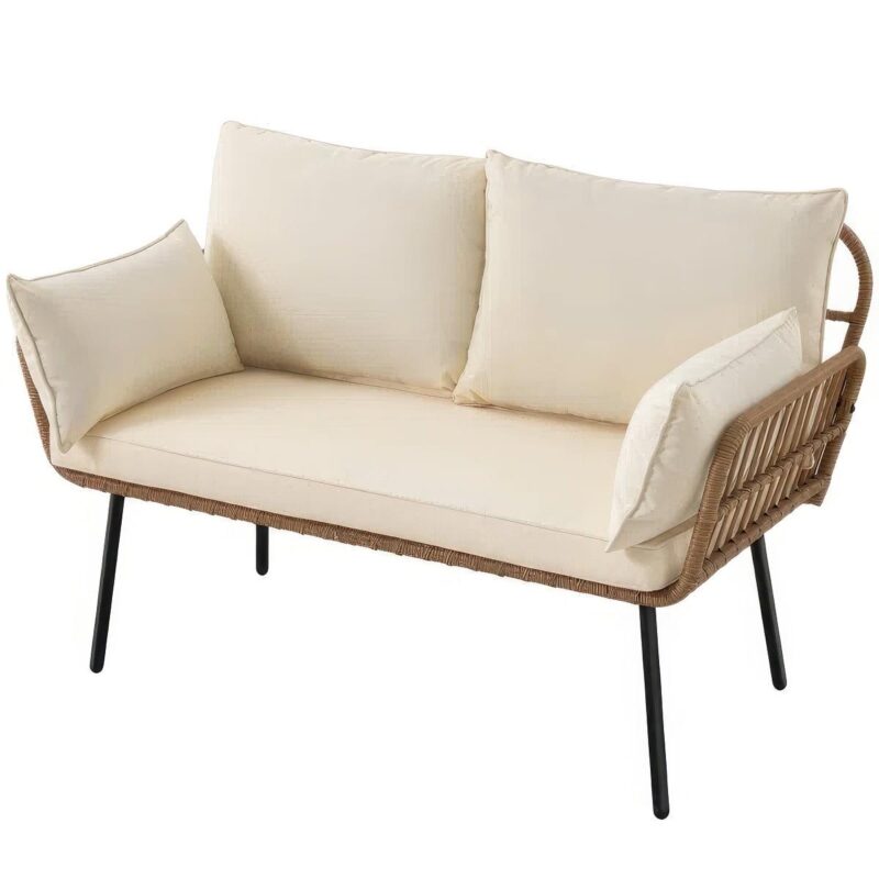 Dextrus Patio Sofa and Loveseat, Boho All-Weather Wicker Rattan Conversation Chairs with Cushions and Lumbar Pillows - Beige - Image 7