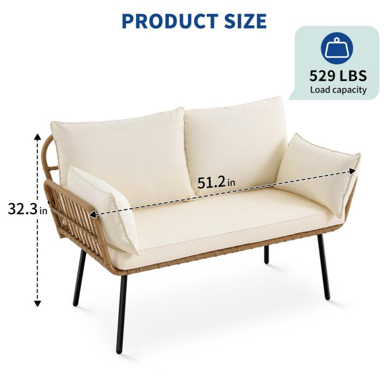 Dextrus Patio Sofa and Loveseat, Boho All-Weather Wicker Rattan Conversation Chairs with Cushions and Lumbar Pillows - Beige - Image 3