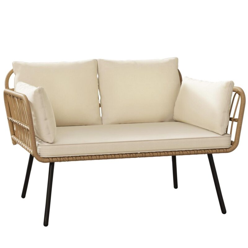 Dextrus Patio Sofa and Loveseat, Boho All-Weather Wicker Rattan Conversation Chairs with Cushions and Lumbar Pillows - Beige - Image 4