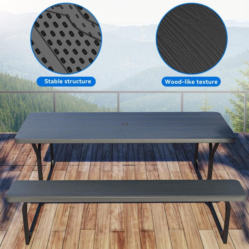 Dextrus Picnic Table Bench Set 6 ft Outdoor Camping with Stable Steel Frame and Wooden Texture Tabletop Weather Resistant w/Umbrella Hole - Black - Image 3
