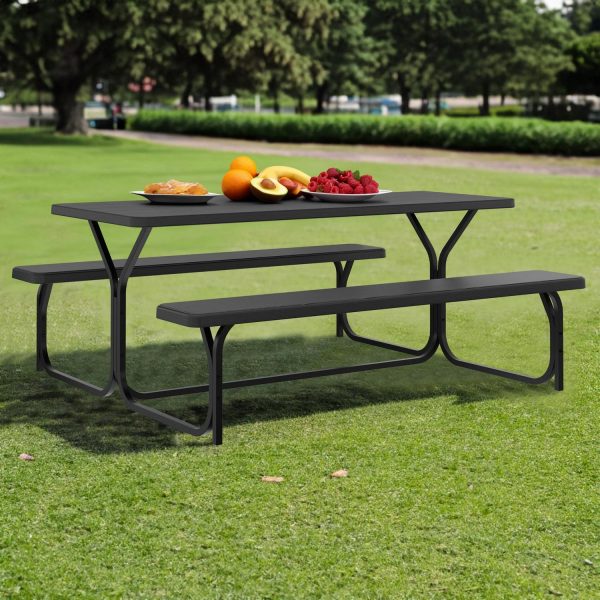 Dextrus Picnic Table Bench Set 6 ft Outdoor Camping with Stable Steel Frame and Wooden Texture Tabletop Weather Resistant w/Umbrella Hole - Black