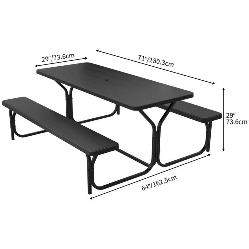 Dextrus Picnic Table Bench Set 6 ft Outdoor Camping with Stable Steel Frame and Wooden Texture Tabletop Weather Resistant w/Umbrella Hole - Black - Image 5