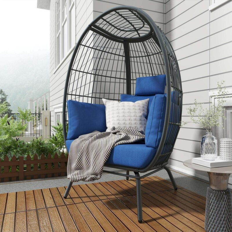 Dextrus Wicker Egg Chair, Oversized Lounger Egg Chairs with Stand and Cushion, 385lbs capacity for Patio, Balcony, Bedroom - Blue - Image 3