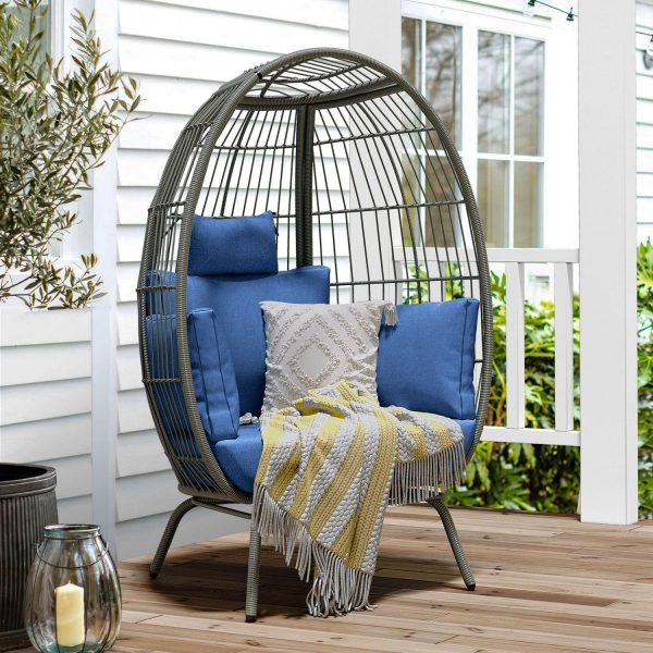 Dextrus Wicker Egg Chair, Oversized Lounger Egg Chairs with Stand and Cushion, 385lbs capacity for Patio, Balcony, Bedroom - Blue