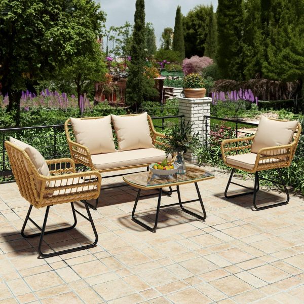 Dextrus Wicker Rattan Outdoor Bistro Set 4-Piece with Items Included, Light Brown / Beige