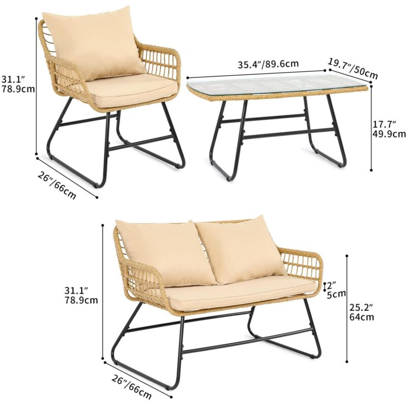 Dextrus Wicker Rattan Outdoor Bistro Set 4-Piece with Items Included, Light Brown / Beige - Image 5