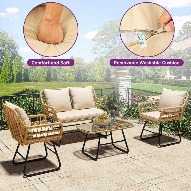 Dextrus Wicker Rattan Outdoor Bistro Set 4-Piece with Items Included, Light Brown / Beige - Image 3