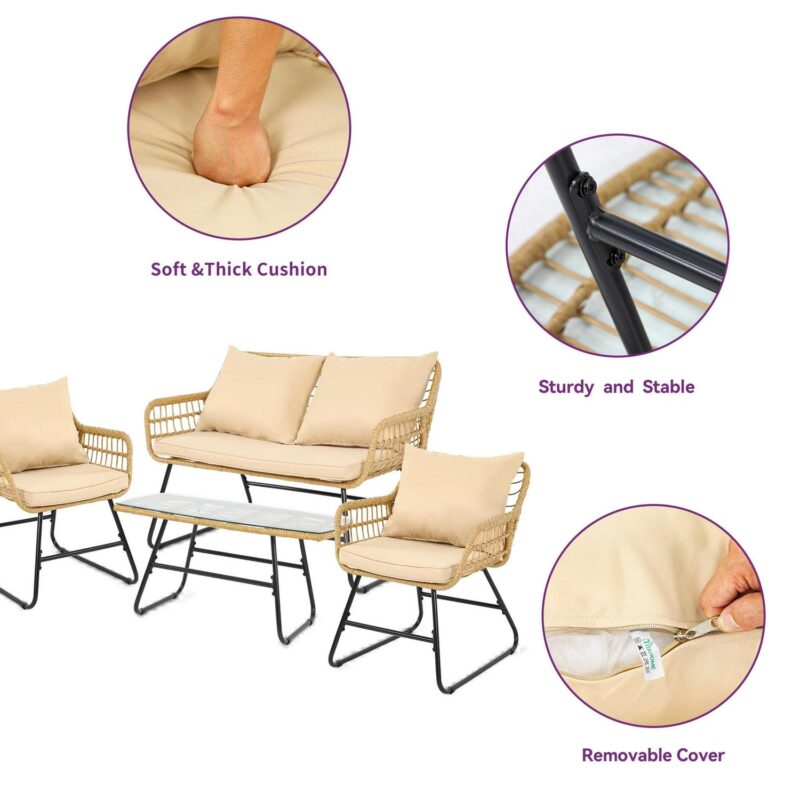 Dextrus Wicker Rattan Outdoor Bistro Set 4-Piece with Items Included, Light Brown / Beige - Image 4