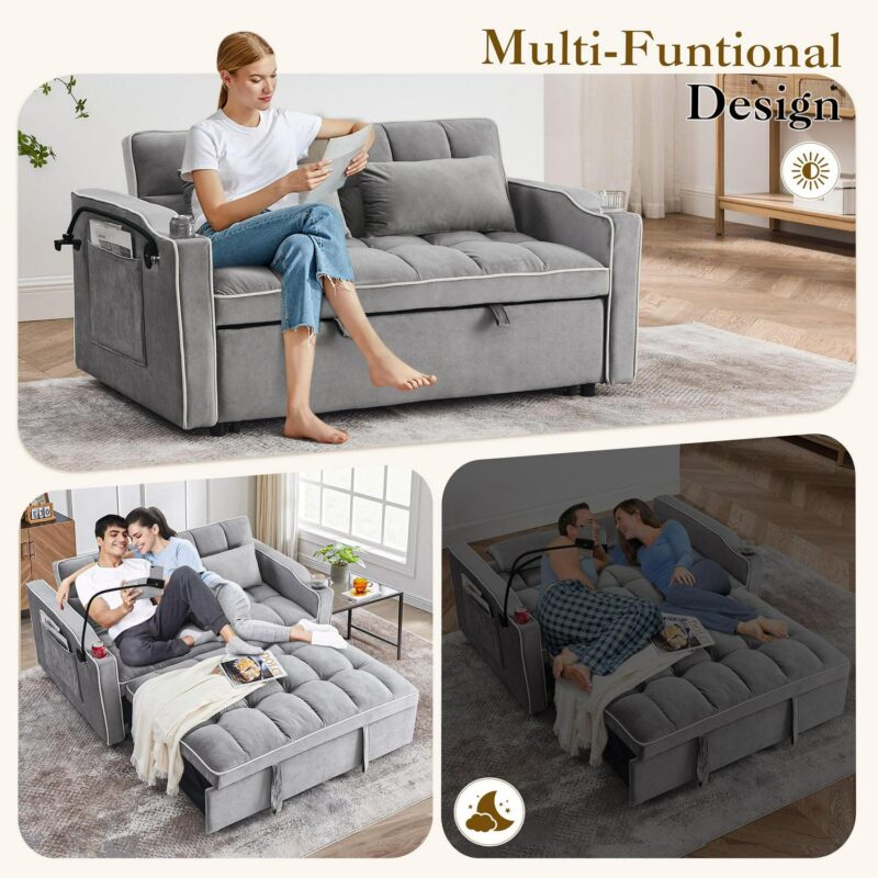 Dinosisco 3-in-1 Convertible Futon Sofa Bed, Loveseat Sleeper with Phone Stand, USB, Gray Velvet - Image 2