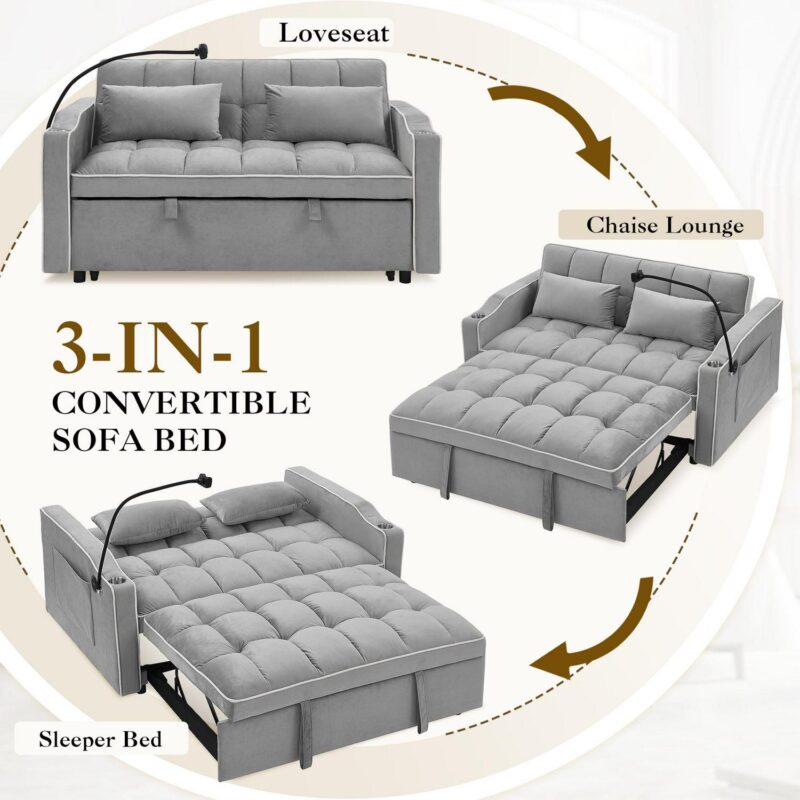 Dinosisco 3-in-1 Convertible Futon Sofa Bed, Loveseat Sleeper with Phone Stand, USB, Gray Velvet - Image 8