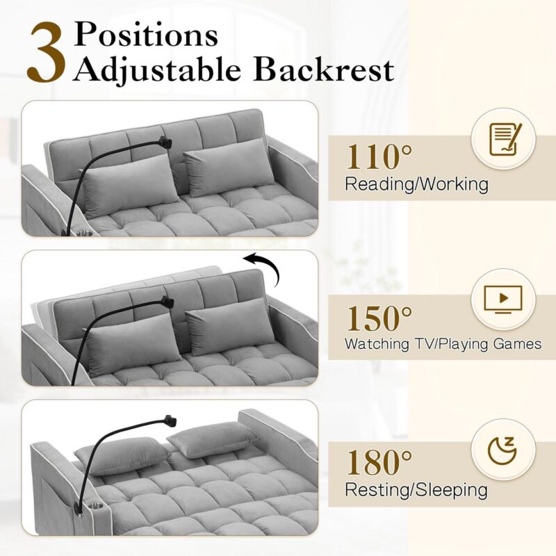 Dinosisco 3-in-1 Convertible Futon Sofa Bed, Loveseat Sleeper with Phone Stand, USB, Gray Velvet - Image 6