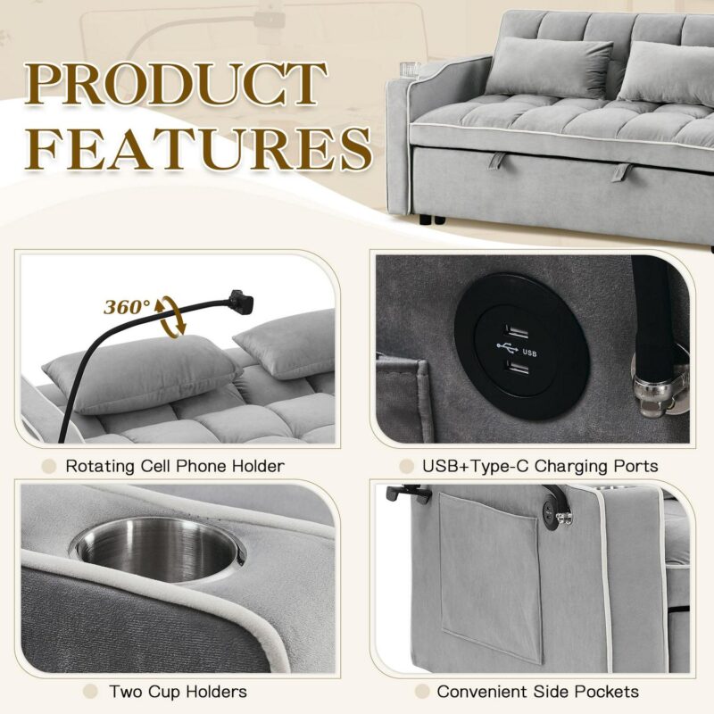 Dinosisco 3-in-1 Convertible Futon Sofa Bed, Loveseat Sleeper with Phone Stand, USB, Gray Velvet - Image 10
