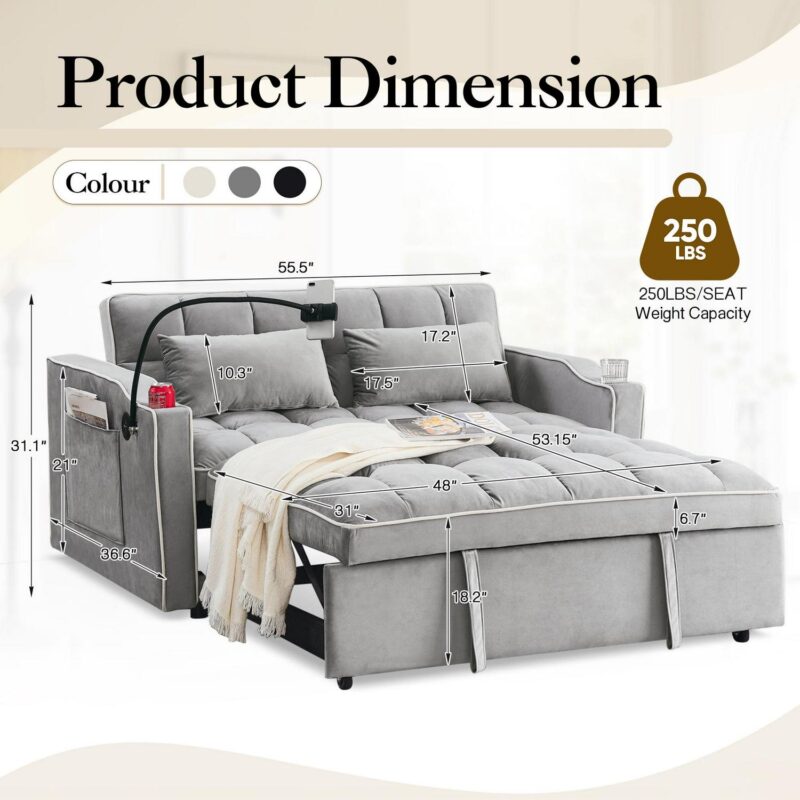 Dinosisco 3-in-1 Convertible Futon Sofa Bed, Loveseat Sleeper with Phone Stand, USB, Gray Velvet - Image 9
