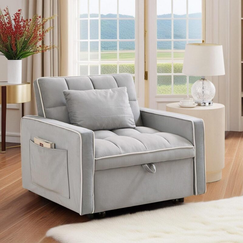 Dinosisco 3-in-1 Convertible Chair Bed, Sleeper Chair Lounge Chair Indoor, Modern Single Pull Out Couch for Living Room, Gray Velvet - Image 2