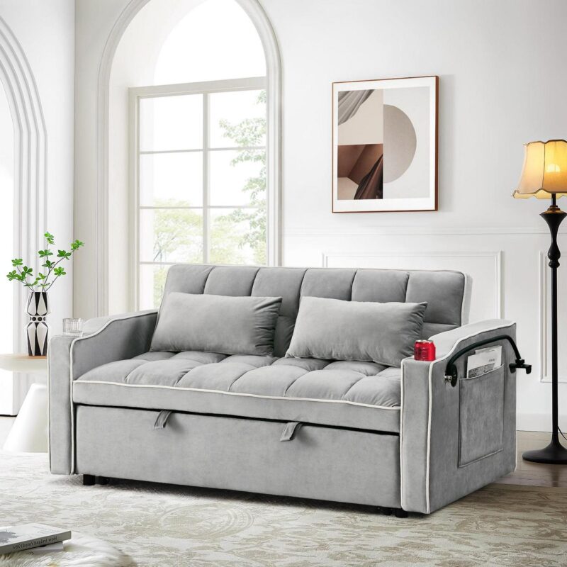 Dinosisco 3-in-1 Convertible Futon Sofa Bed, Loveseat Sleeper with Phone Stand, USB, Gray Velvet - Image 3