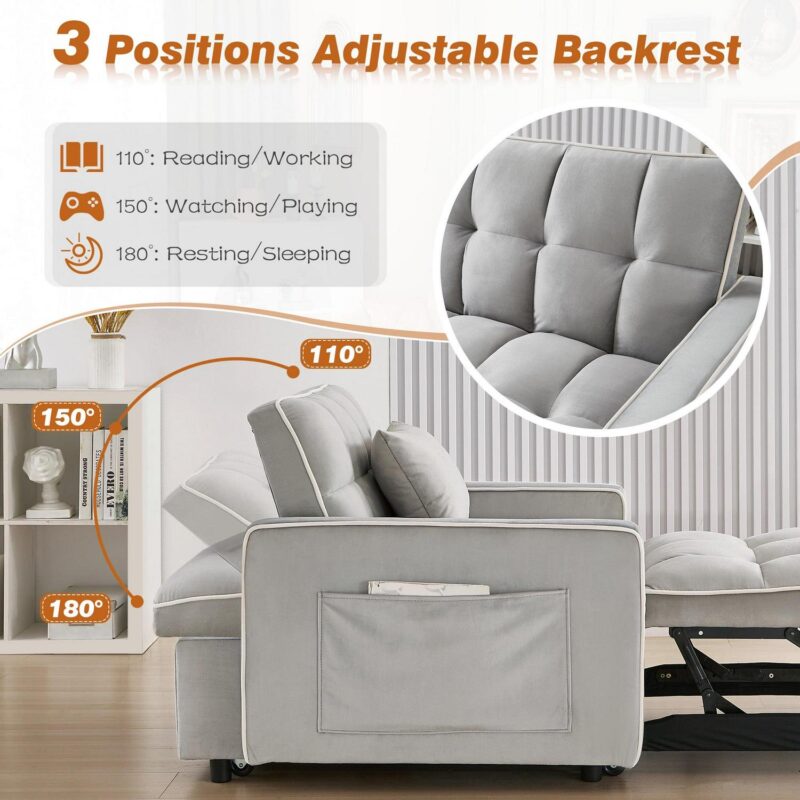 Dinosisco 3-in-1 Convertible Chair Bed, Sleeper Chair Lounge Chair Indoor, Modern Single Pull Out Couch for Living Room, Gray Velvet - Image 8