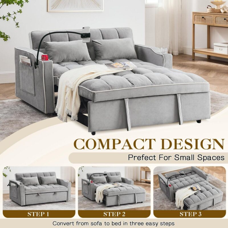 Dinosisco 3-in-1 Convertible Futon Sofa Bed, Loveseat Sleeper with Phone Stand, USB, Gray Velvet - Image 5
