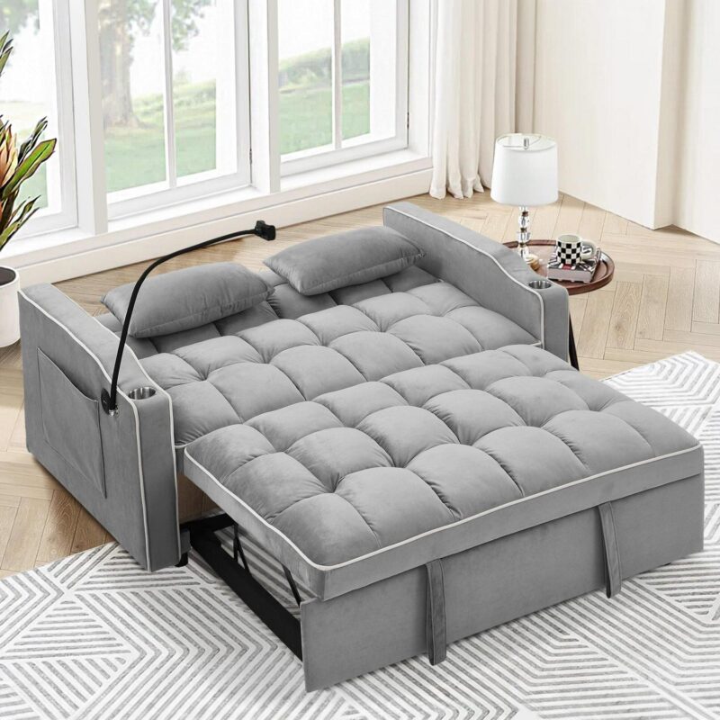 Dinosisco 3-in-1 Convertible Futon Sofa Bed, Loveseat Sleeper with Phone Stand, USB, Gray Velvet - Image 7