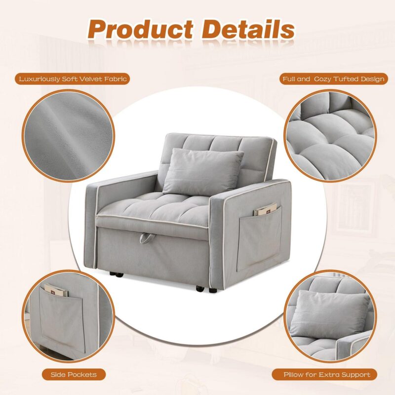 Dinosisco 3-in-1 Convertible Chair Bed, Sleeper Chair Lounge Chair Indoor, Modern Single Pull Out Couch for Living Room, Gray Velvet - Image 3