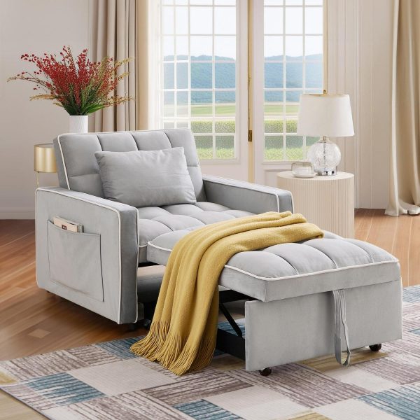 Dinosisco 3-in-1 Convertible Chair Bed, Sleeper Chair Lounge Chair Indoor, Modern Single Pull Out Couch for Living Room, Gray Velvet