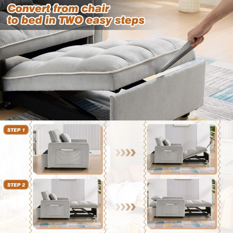 Dinosisco 3-in-1 Convertible Chair Bed, Sleeper Chair Lounge Chair Indoor, Modern Single Pull Out Couch for Living Room, Gray Velvet - Image 9