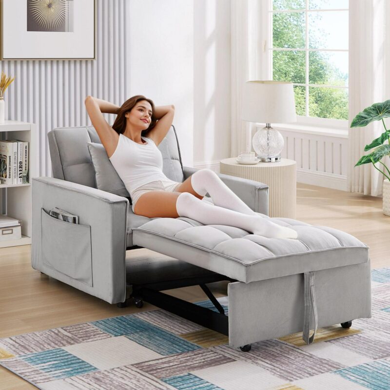 Dinosisco 3-in-1 Convertible Chair Bed, Sleeper Chair Lounge Chair Indoor, Modern Single Pull Out Couch for Living Room, Gray Velvet - Image 4
