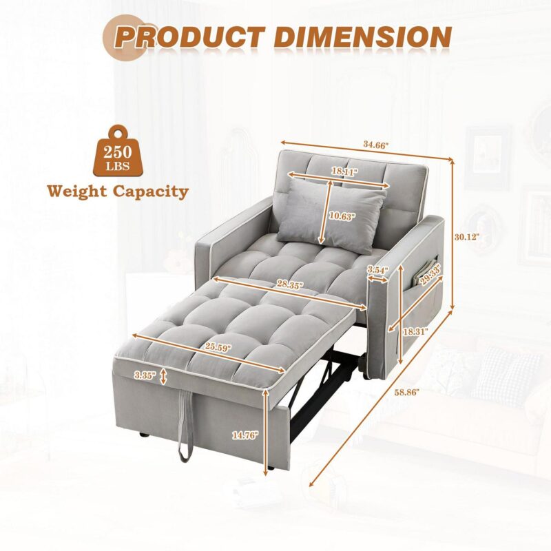 Dinosisco 3-in-1 Convertible Chair Bed, Sleeper Chair Lounge Chair Indoor, Modern Single Pull Out Couch for Living Room, Gray Velvet - Image 5