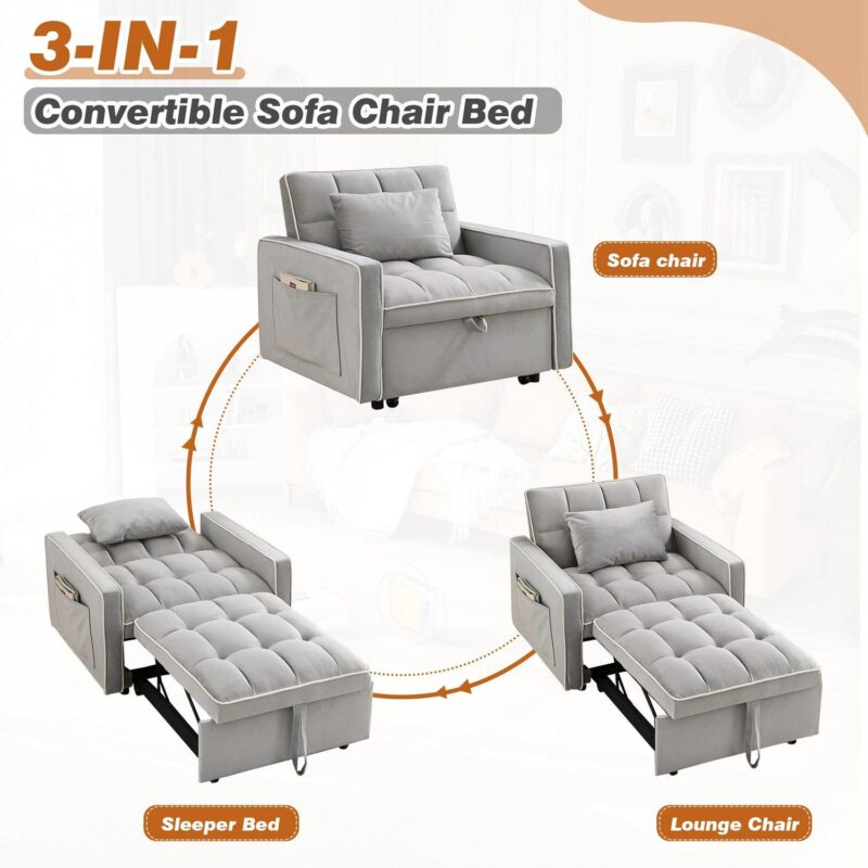 Dinosisco 3-in-1 Convertible Chair Bed, Sleeper Chair Lounge Chair Indoor, Modern Single Pull Out Couch for Living Room, Gray Velvet - Image 6