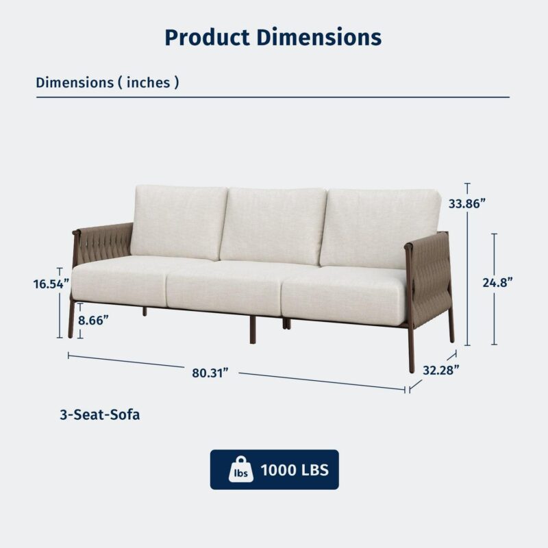EAST OAK 3 Seats Outdoor Conversation Set Patio Furniture with Waterproof Thick Cushions Beige and Brown - Image 2