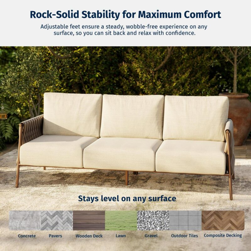 EAST OAK 3 Seats Outdoor Conversation Set Patio Furniture with Waterproof Thick Cushions Beige and Brown - Image 3