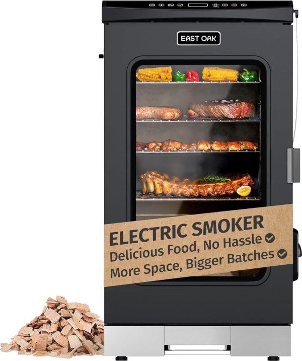 EAST OAK Updated 30  725 Sq inches Electric Smoker Portable with Glass Door Digital Remote Control Black