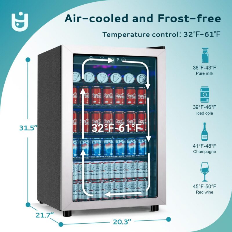EUHOMY 145 Can Beverage Refrigerator and Mine Cooler with Glass Door with Adjustable Shelves - Image 5