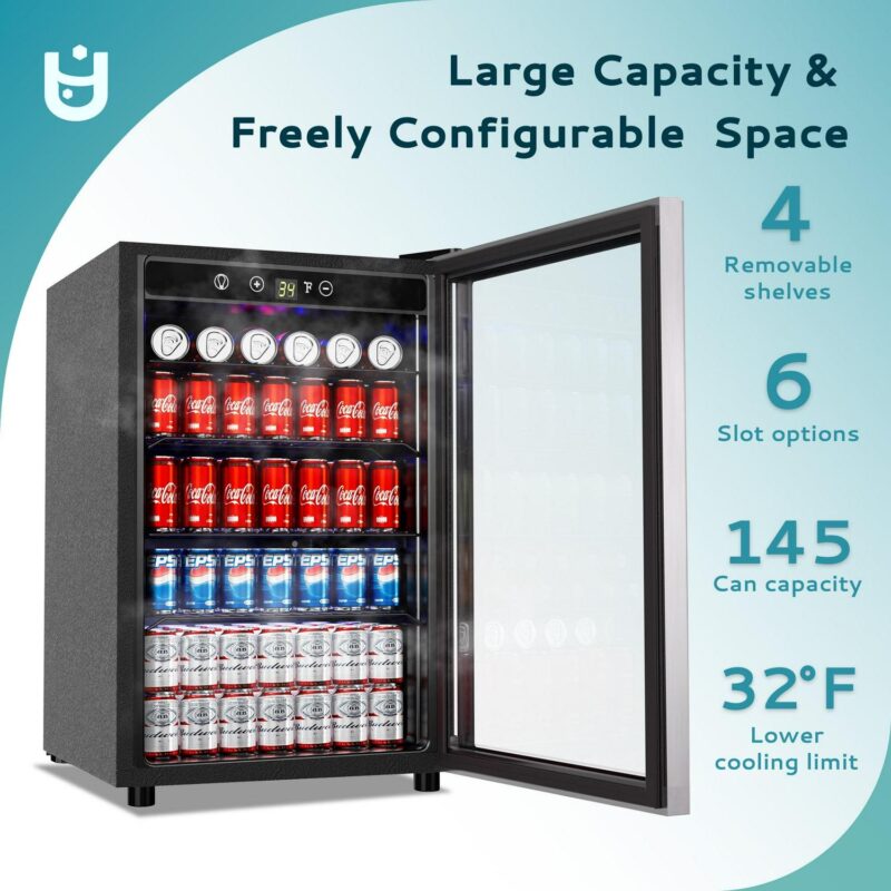 EUHOMY 145 Can Beverage Refrigerator and Mine Cooler with Glass Door with Adjustable Shelves - Image 2
