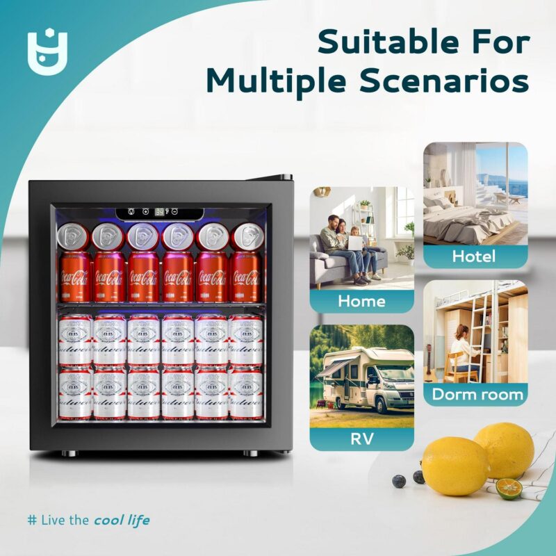 EUHOMY 55 Can Beverage Refrigerator Cooler, Countertop Mini Fridge with Adjustable Shelves Blue LED - Image 6