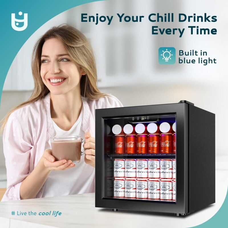EUHOMY 55 Can Beverage Refrigerator Cooler, Countertop Mini Fridge with Adjustable Shelves Blue LED - Image 5