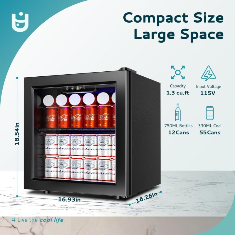EUHOMY 55 Can Beverage Refrigerator Cooler, Countertop Mini Fridge with Adjustable Shelves Blue LED - Image 3