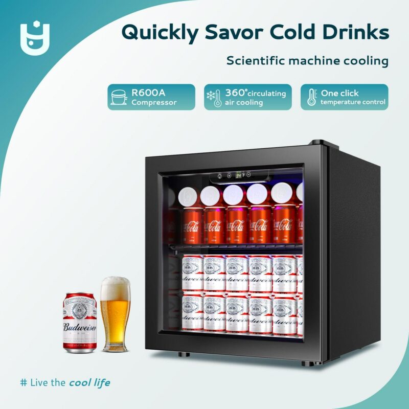 EUHOMY 55 Can Beverage Refrigerator Cooler, Countertop Mini Fridge with Adjustable Shelves Blue LED - Image 8