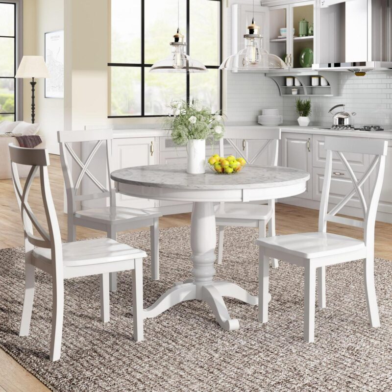 EUROCO 42  5-Piece Round Dining Table Set,Kitchen Table Set with Solid Wood Table and 4 Chairs for Dining Room,White - Image 2