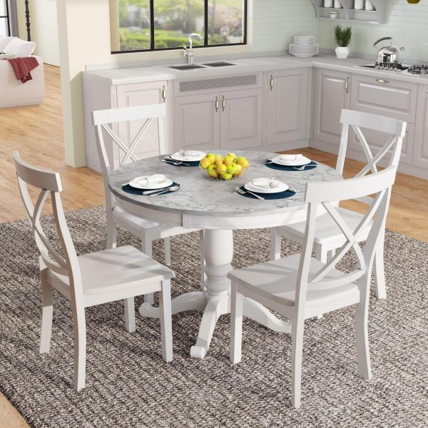 EUROCO 42  5-Piece Round Dining Table Set,Kitchen Table Set with Solid Wood Table and 4 Chairs for Dining Room,White