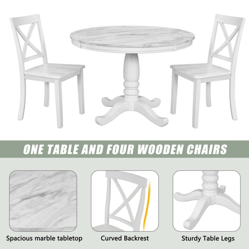 EUROCO 42  5-Piece Round Dining Table Set,Kitchen Table Set with Solid Wood Table and 4 Chairs for Dining Room,White - Image 3