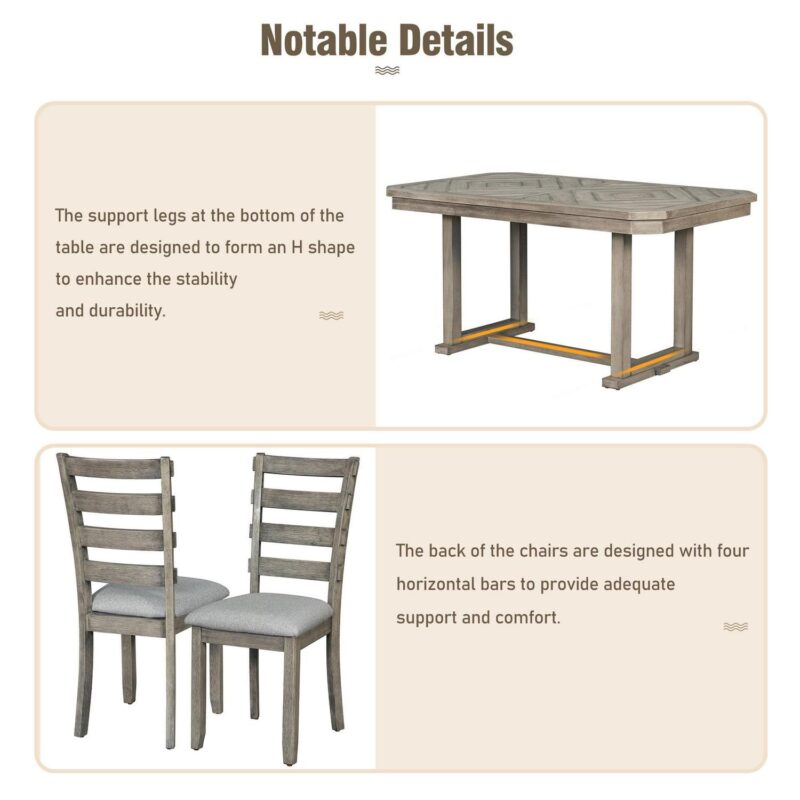 EUROCO 60  6-Piece Dining Table Set,Modern Home Dining Room Set with Table,Bench and 4 Cushioned Chairs,Solid Wood Rectangular Table and Chair Set, Kitchen Table Set for Dining Room - Image 6