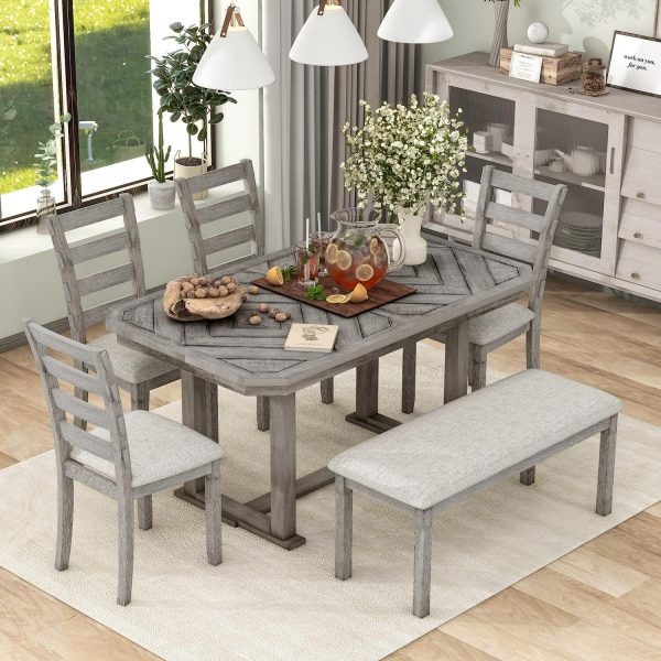 EUROCO 60  6-Piece Dining Table Set,Modern Home Dining Room Set with Table,Bench and 4 Cushioned Chairs,Solid Wood Rectangular Table and Chair Set, Kitchen Table Set for Dining Room